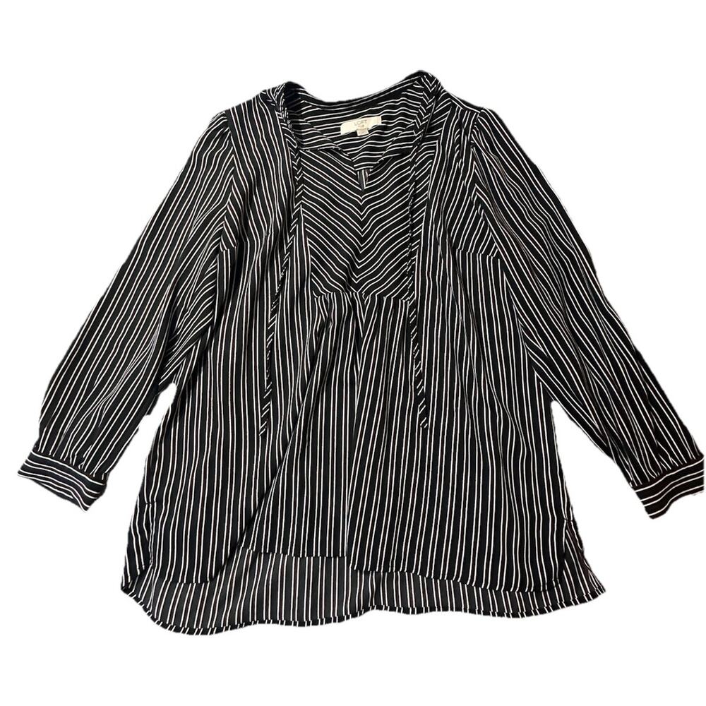 LOFT Plus Size 18 Striped Tie Neck Blouse Long Sleeve Black White Burgundy Top